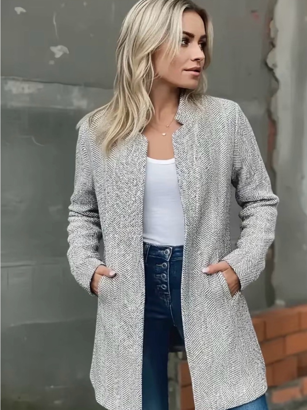 Light Gray Women's Herringbone Open Front Coat